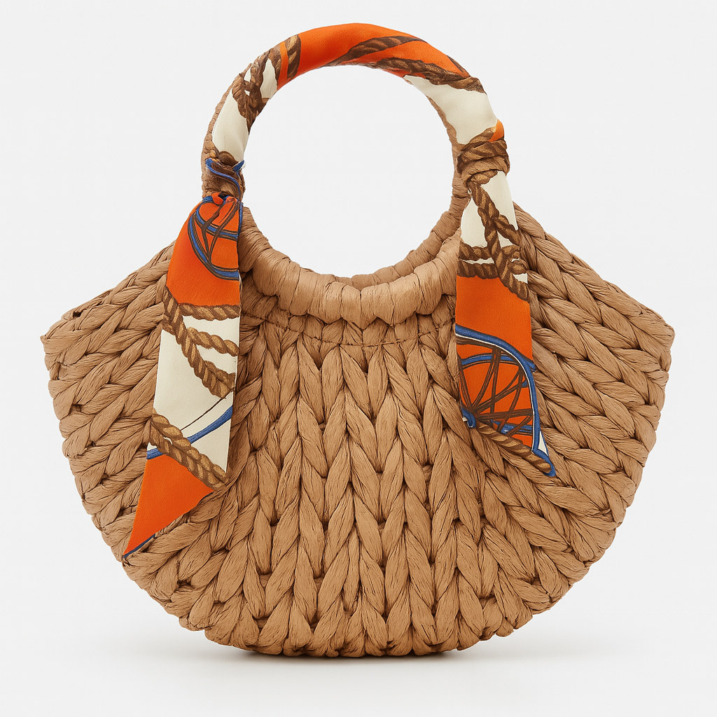 Borsa in rafia rosa con foulard