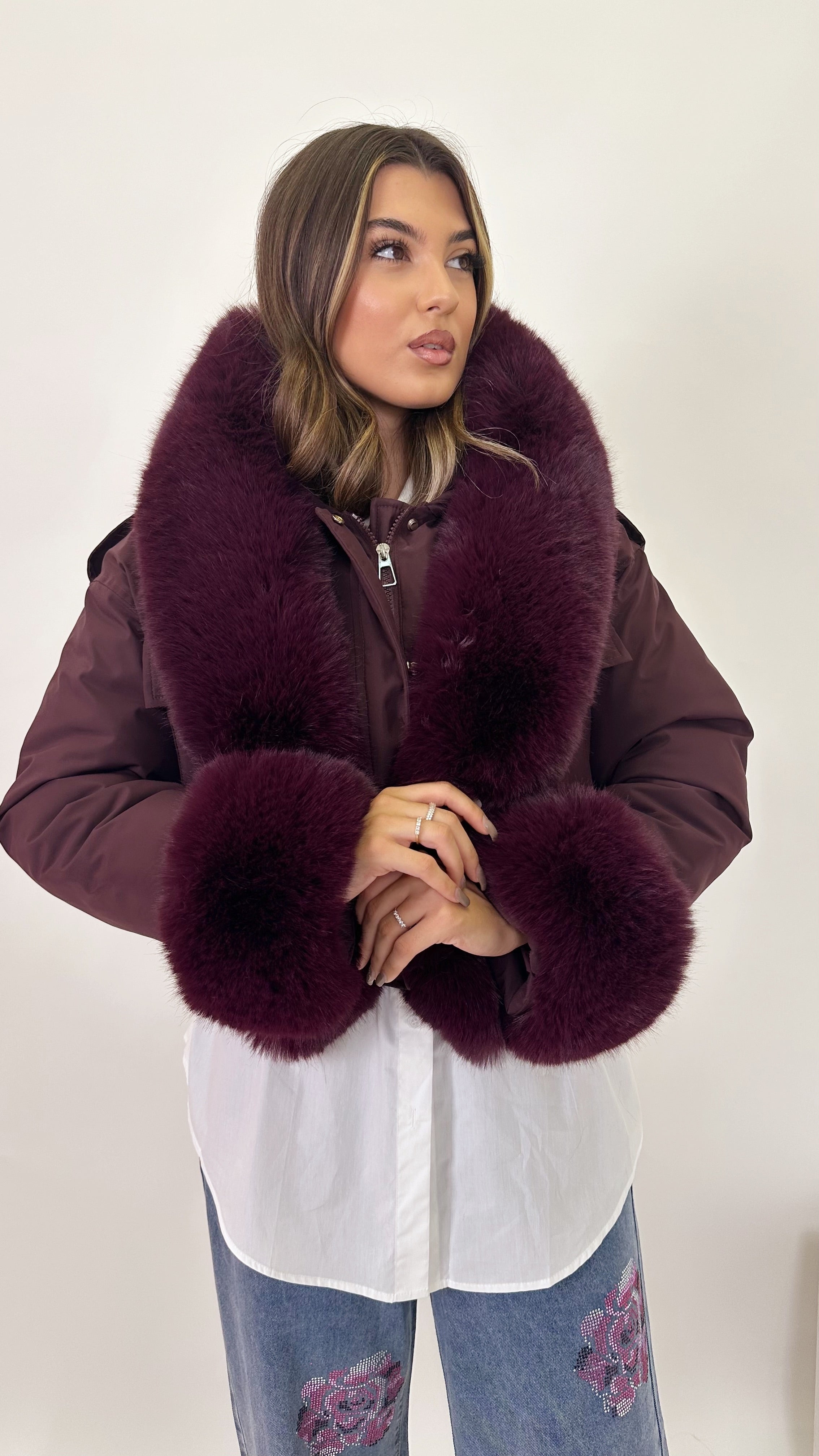 Bomber con ecopelliccia Borgogna