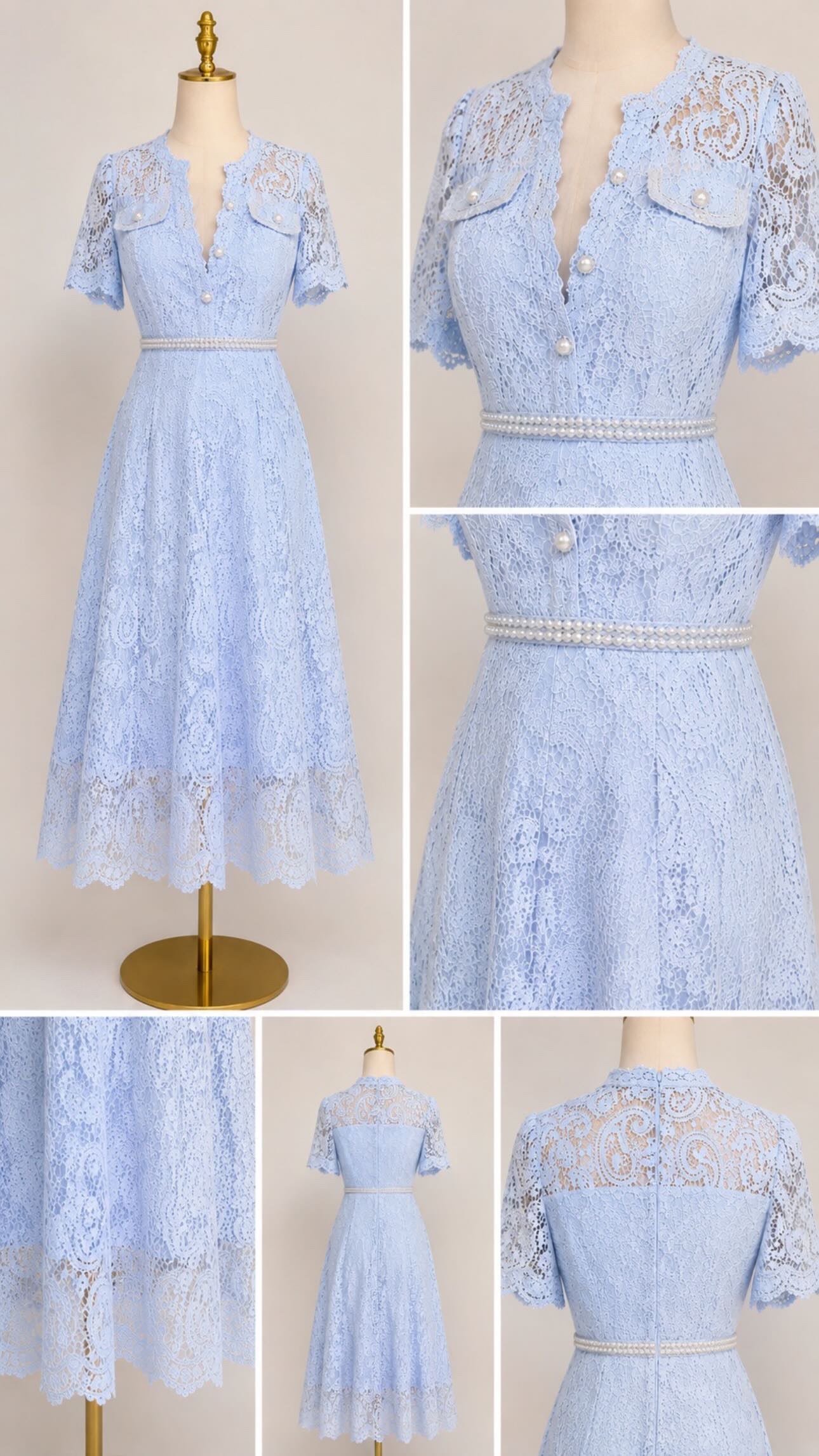 Coordinato in pizzo azzurro polvere
