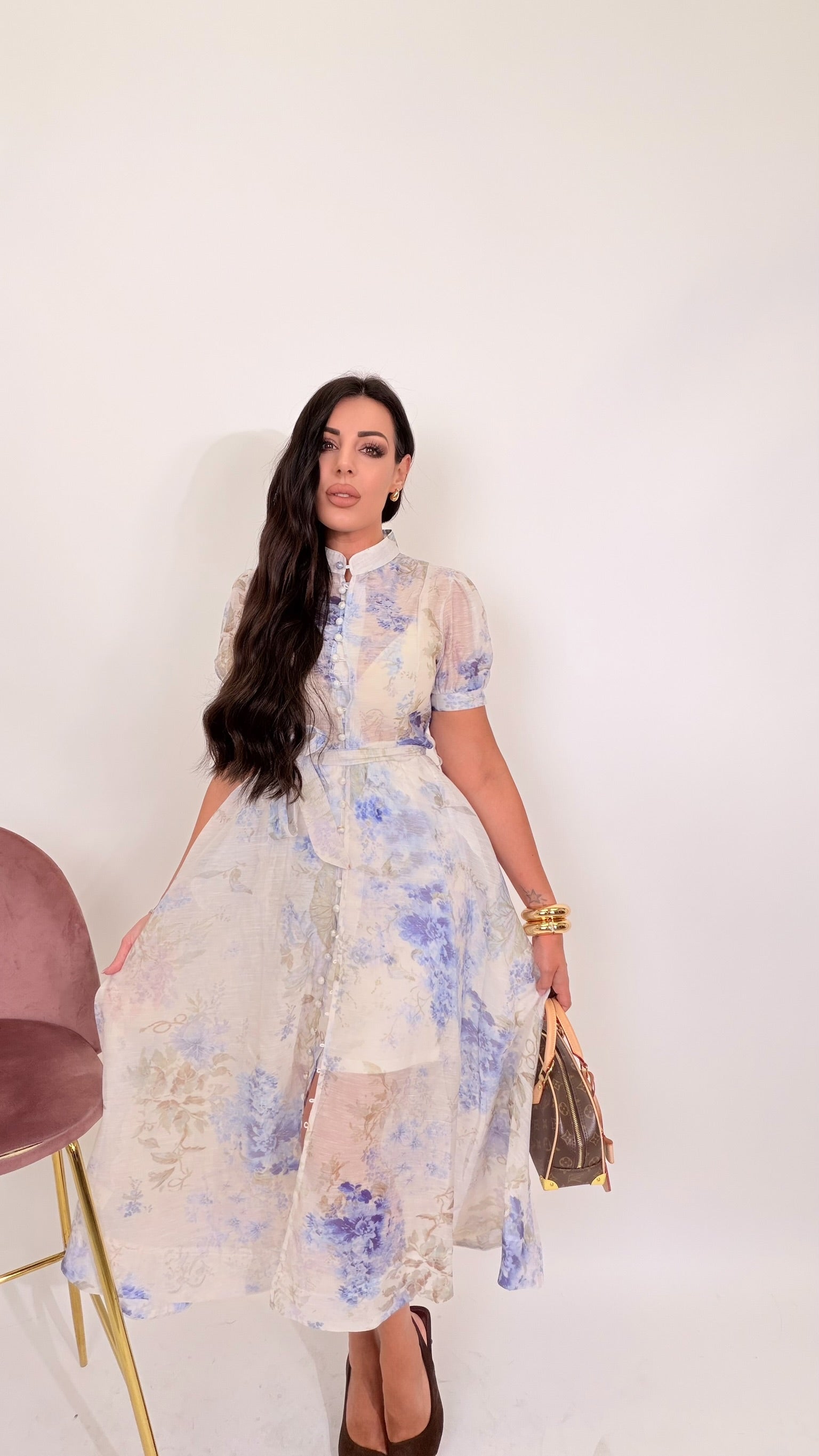 Abito organza lungo  fiore blu lungo
